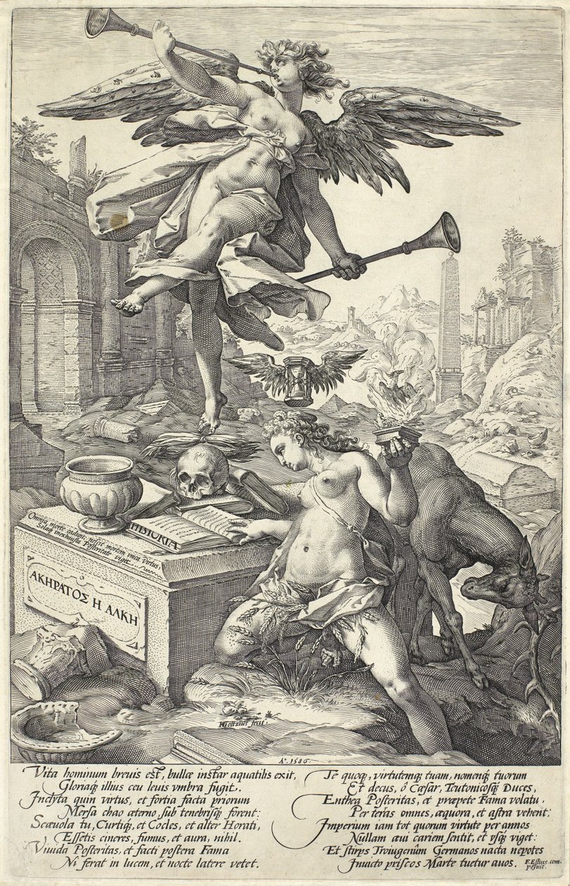 Sława i historia, od rzymskich bohaterów, 1586 autorstwa Hendrik Goltzius
