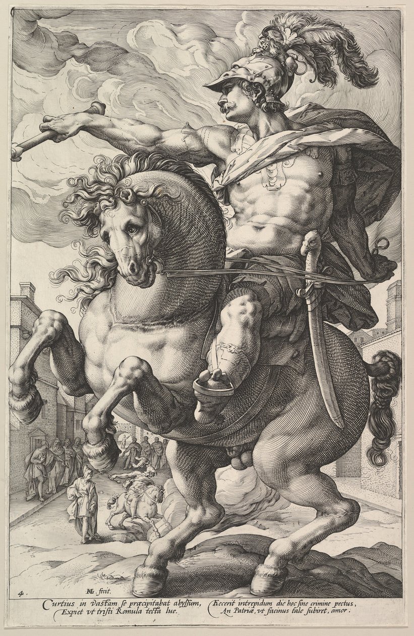 Marcus Curtius, z serii Bohaterowie rzymscy, 1586. autorstwa Hendrik Goltzius