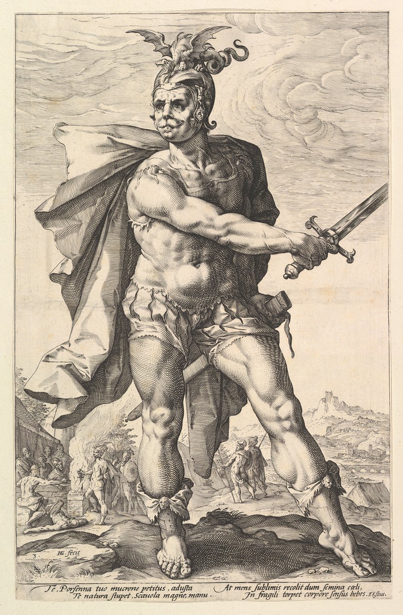 Mucius Scaevola z serii Bohaterowie rzymscy, 1586. autorstwa Hendrik Goltzius