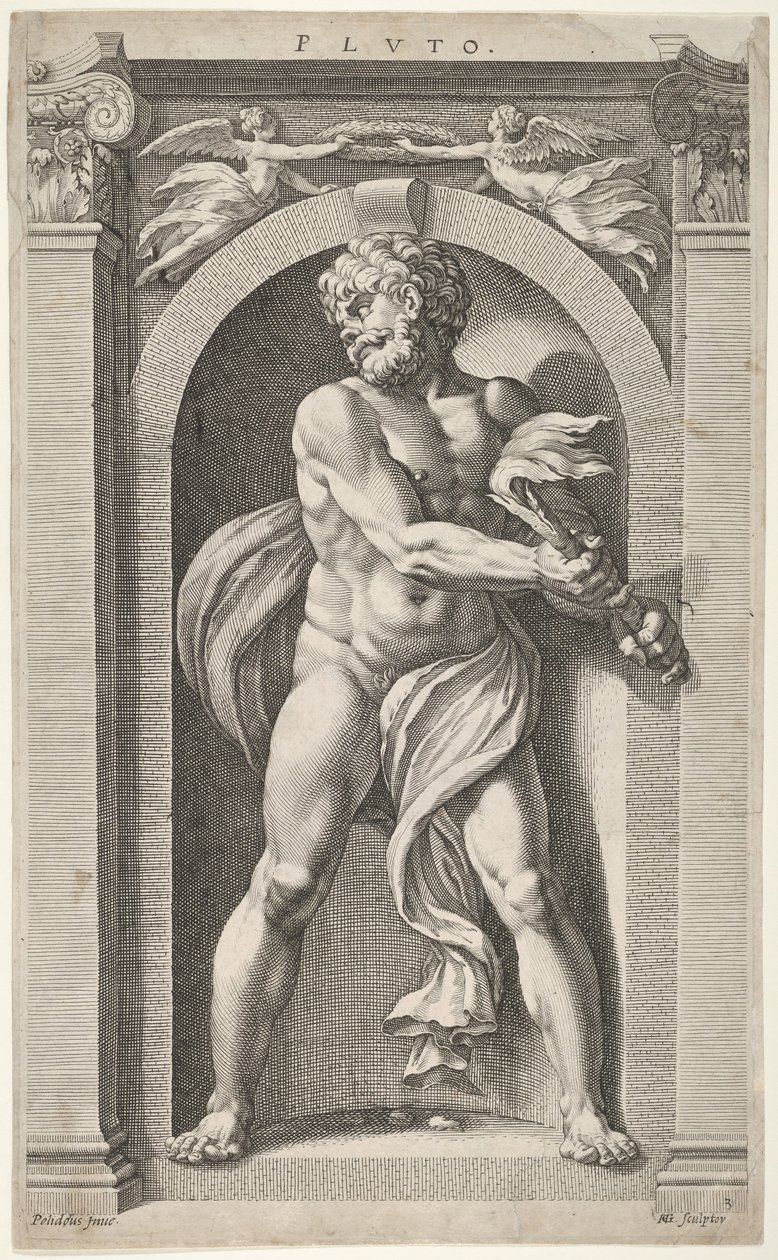 Pluton, na verso szkice postaci, czterech głów i kolumny, 1592. autorstwa Hendrik Goltzius