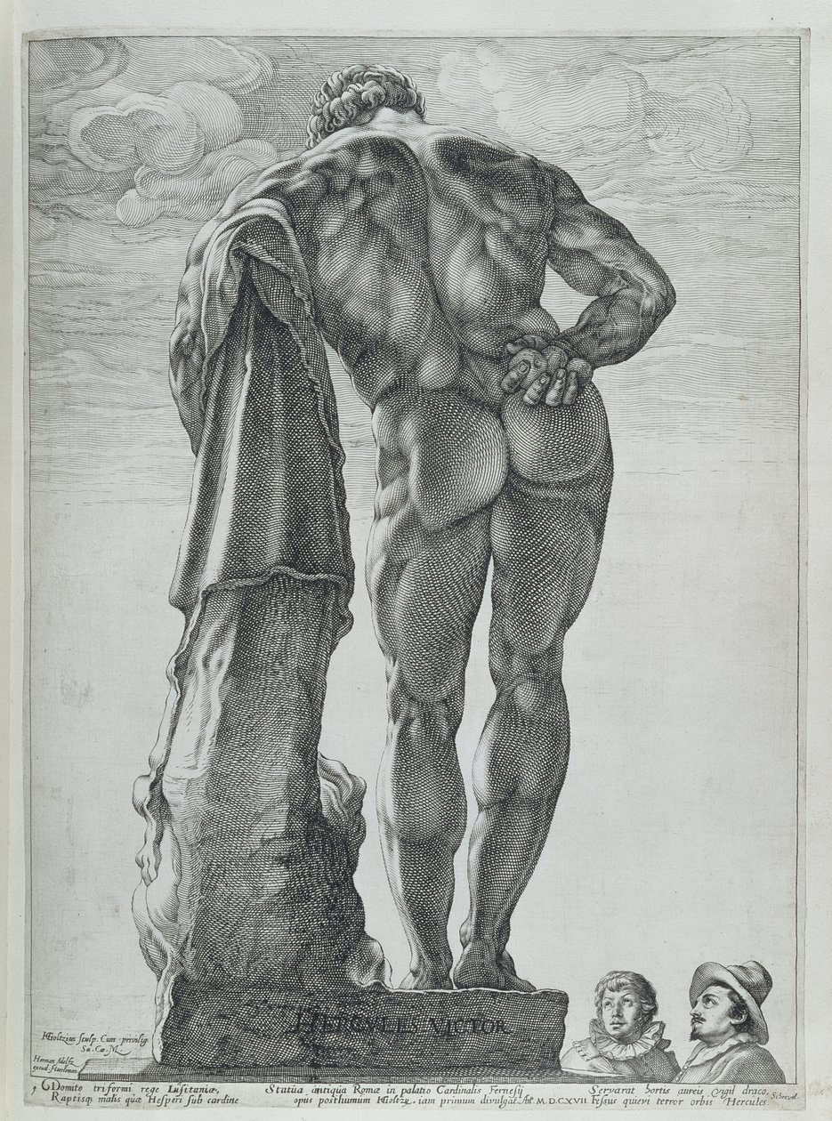 Widok z tyłu Farnese Hercules (grawerowanie miedzi) autorstwa Hendrik Goltzius