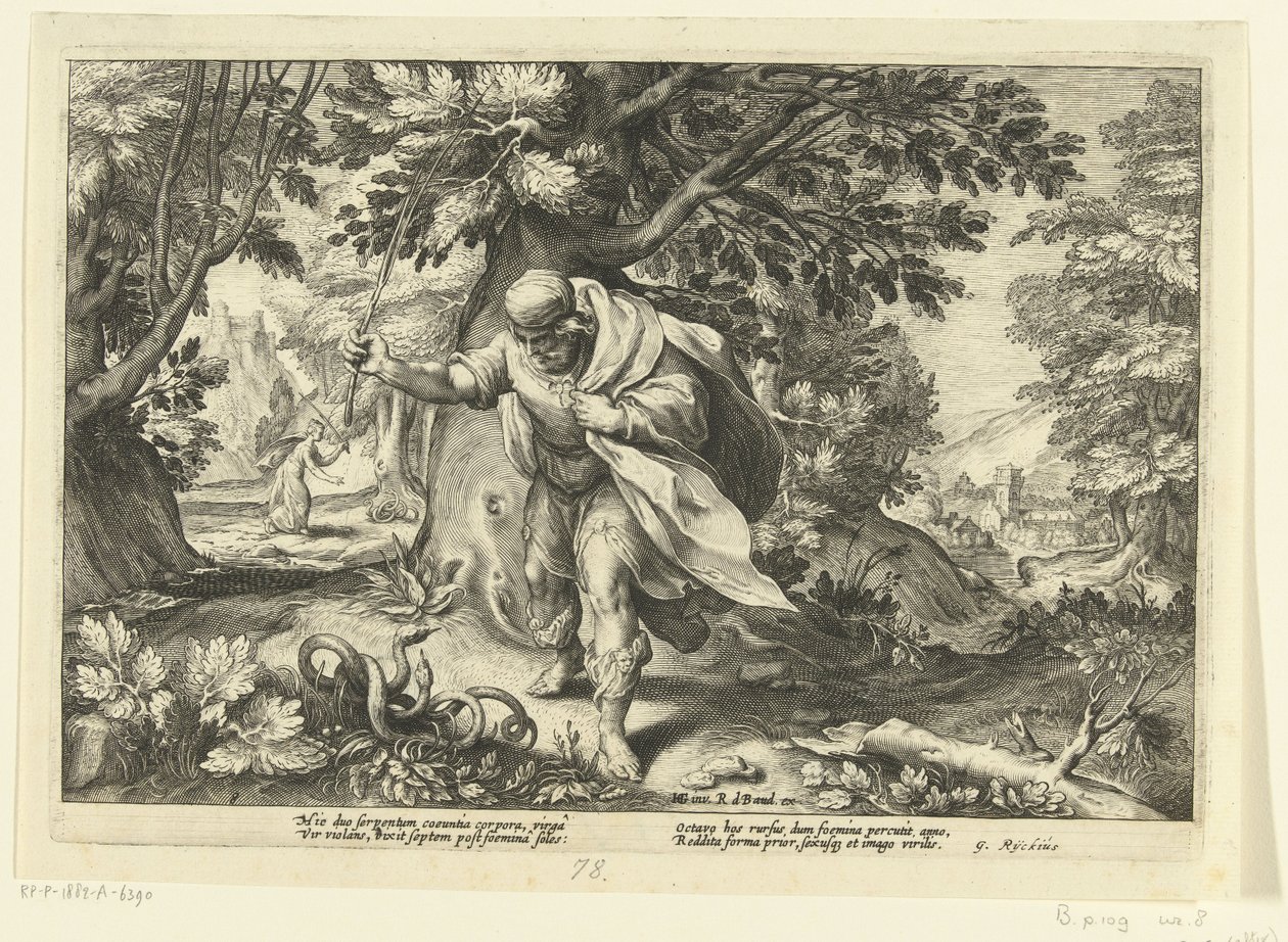 Teiresias pokonuje dwa godowe węże, z Metamorfoz Owidiusza autorstwa Hendrik Goltzius
