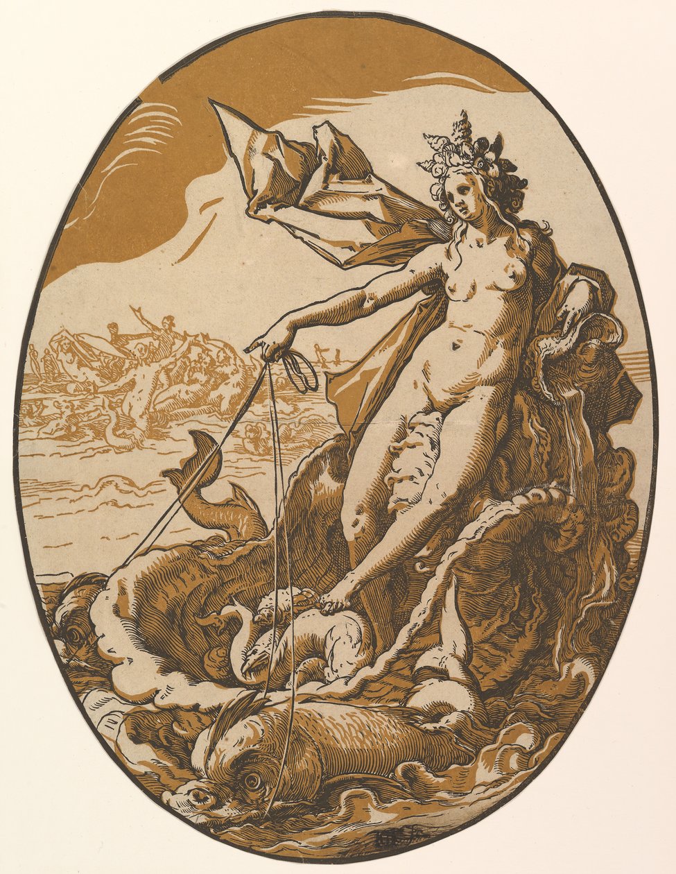 Tetyda leżąca w gigantycznym rydwanie z muszli ciągniętym przez dwa morskie stworzenia, 1588-90. autorstwa Hendrik Goltzius