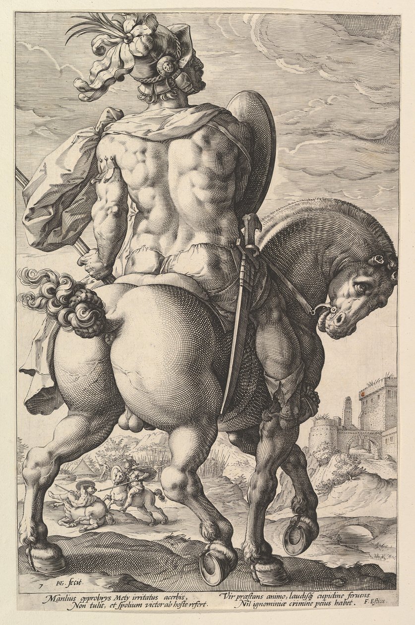 Tytus Manliusz z serii Bohaterowie rzymscy, 1586. autorstwa Hendrik Goltzius