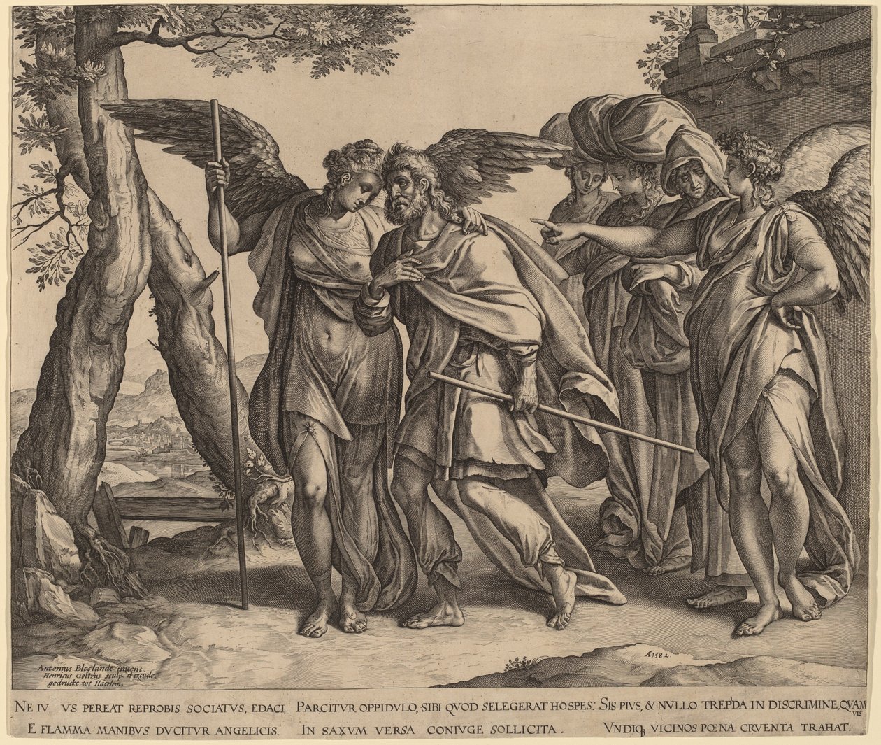 Lot i jego córki opuszczają Sodomę autorstwa Hendrik Goltzius after Anthonie van Blocklandt