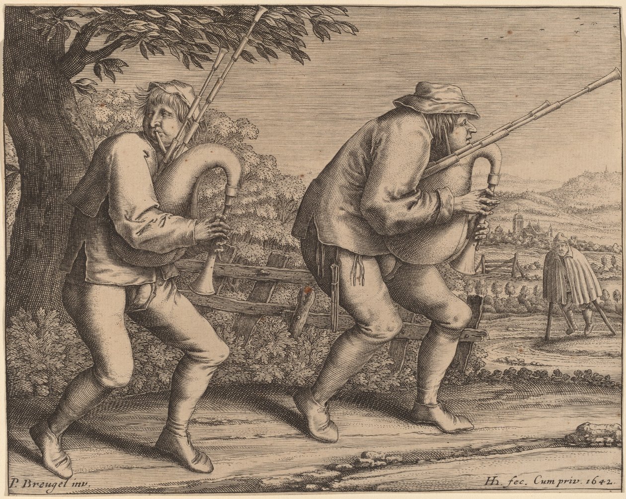 Dwóch dudziarzy autorstwa Hendrik Hondius I after Pieter Bruegel the Elder