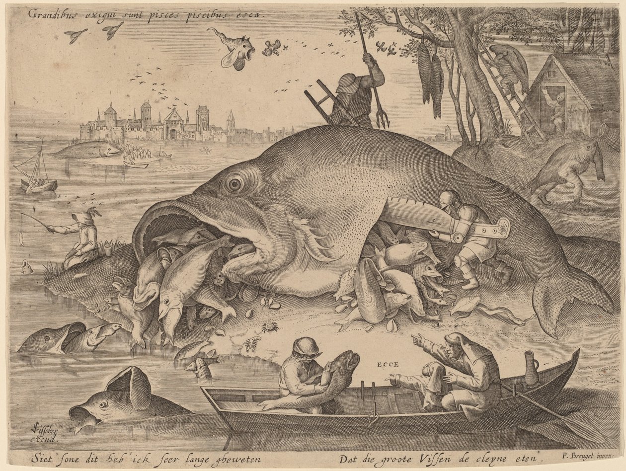 Duża ryba zjada małą rybkę autorstwa Hendrik Hondius after Pieter Bruegel the Elder