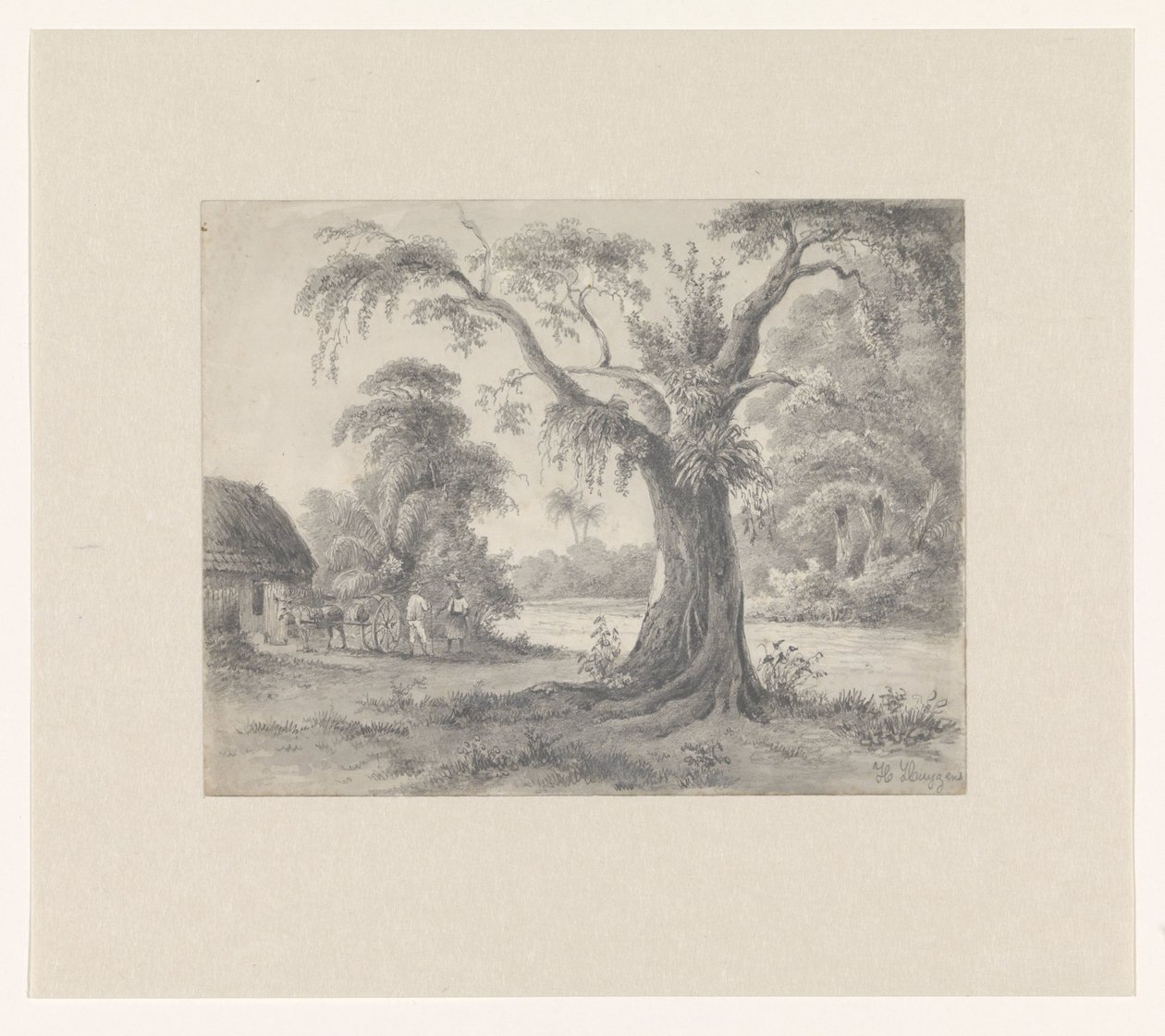 Pejzaż z drzewem i chatą z koniem i powozem oraz dwiema postaciami autorstwa Hendrik Huygens (signed by artist)