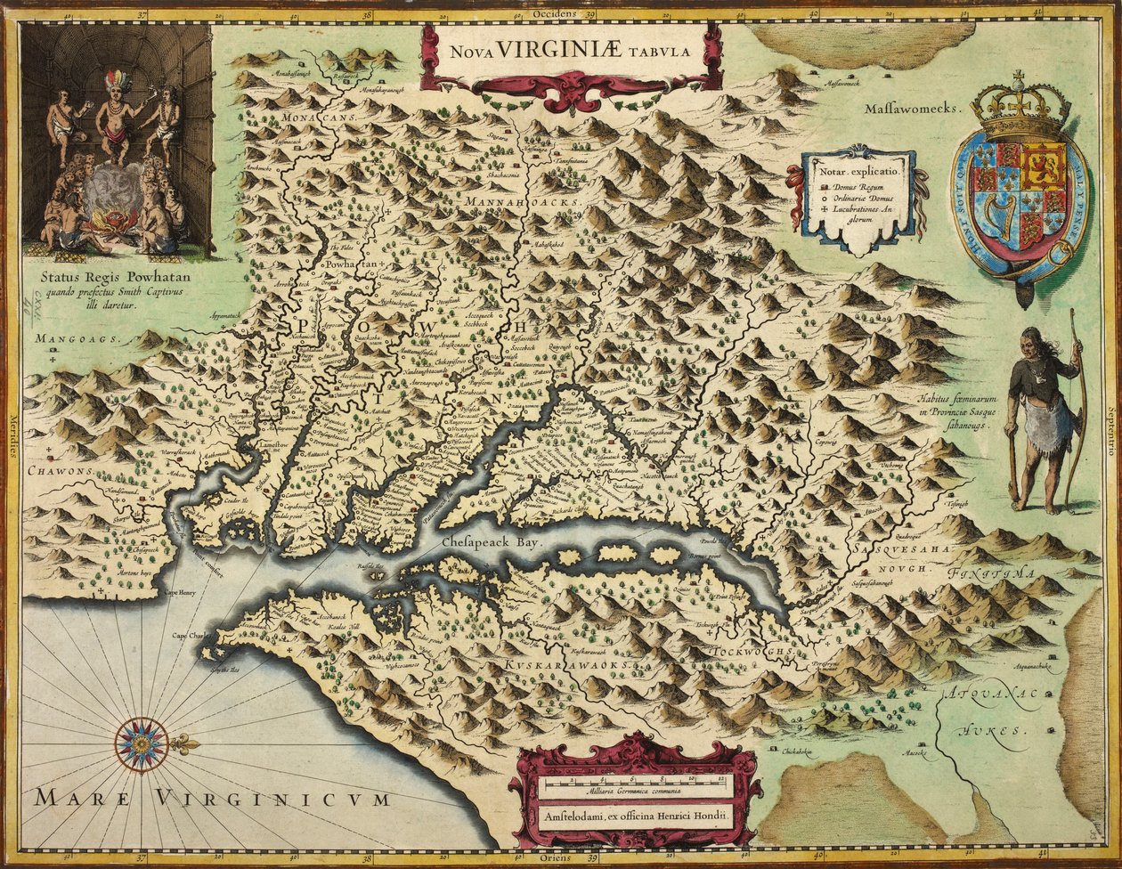 Mapa Wirginii (ręcznie barwiony grawerunek) autorstwa Hendrik I Hondius