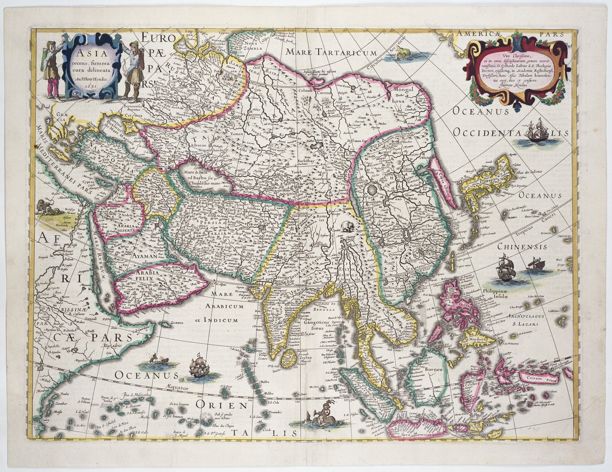 Mapa ogólna obejmująca Arabię, Japonię, Półwysep Koreański i większą część archipelagu indonezyjskiego, 1631 (kolorowe grawerowanie) autorstwa Hendrik I Hondius