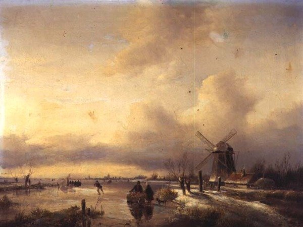 Postacie w krajobrazie zamarzniętej rzeki (panel) autorstwa Hendrik Jacobus Scholten