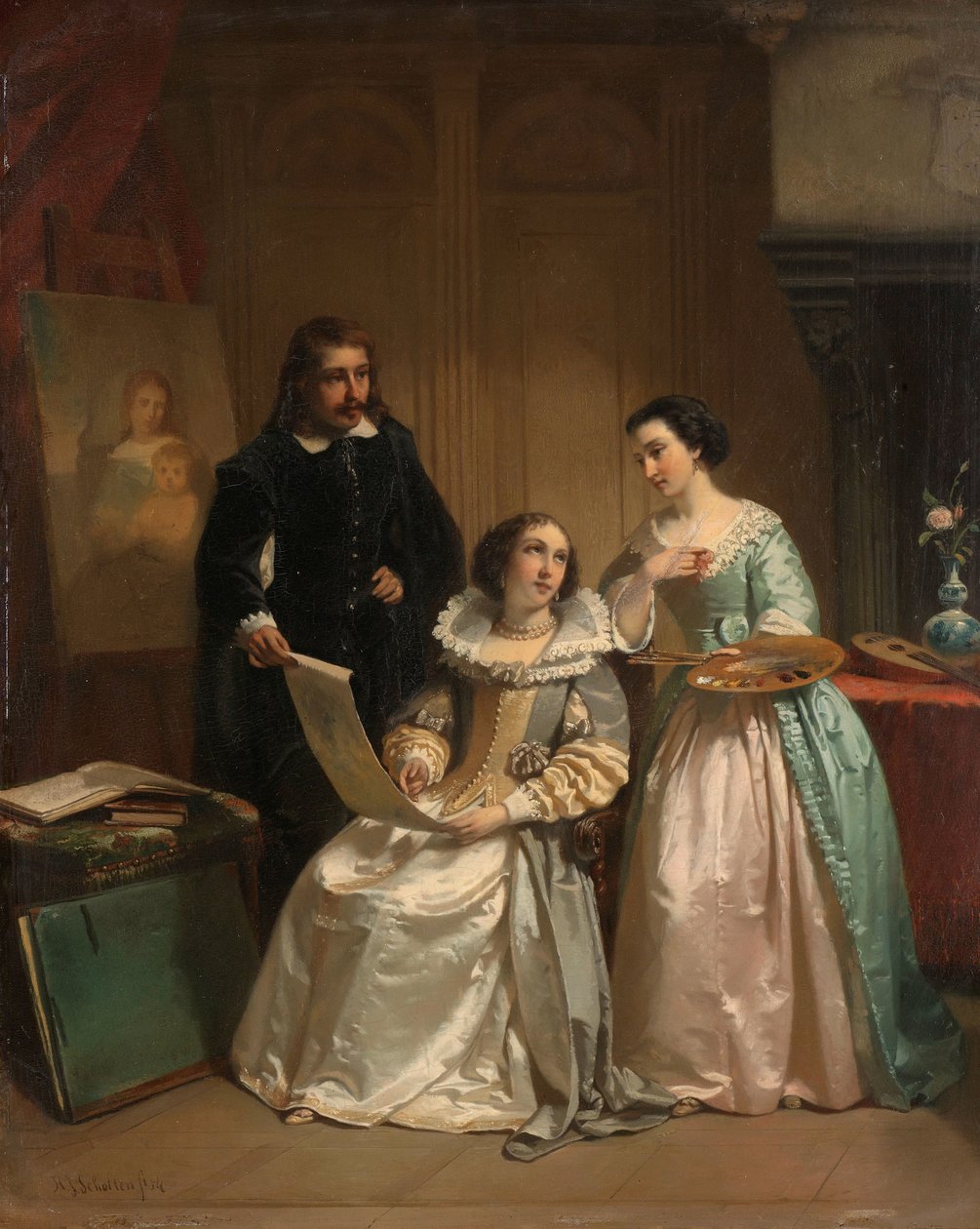 Gerard van Honthorst pokazuje rysunki swojej uczennicy Ludwiki z Czech Amalii van Solms autorstwa Hendrik Jacobus Scholten