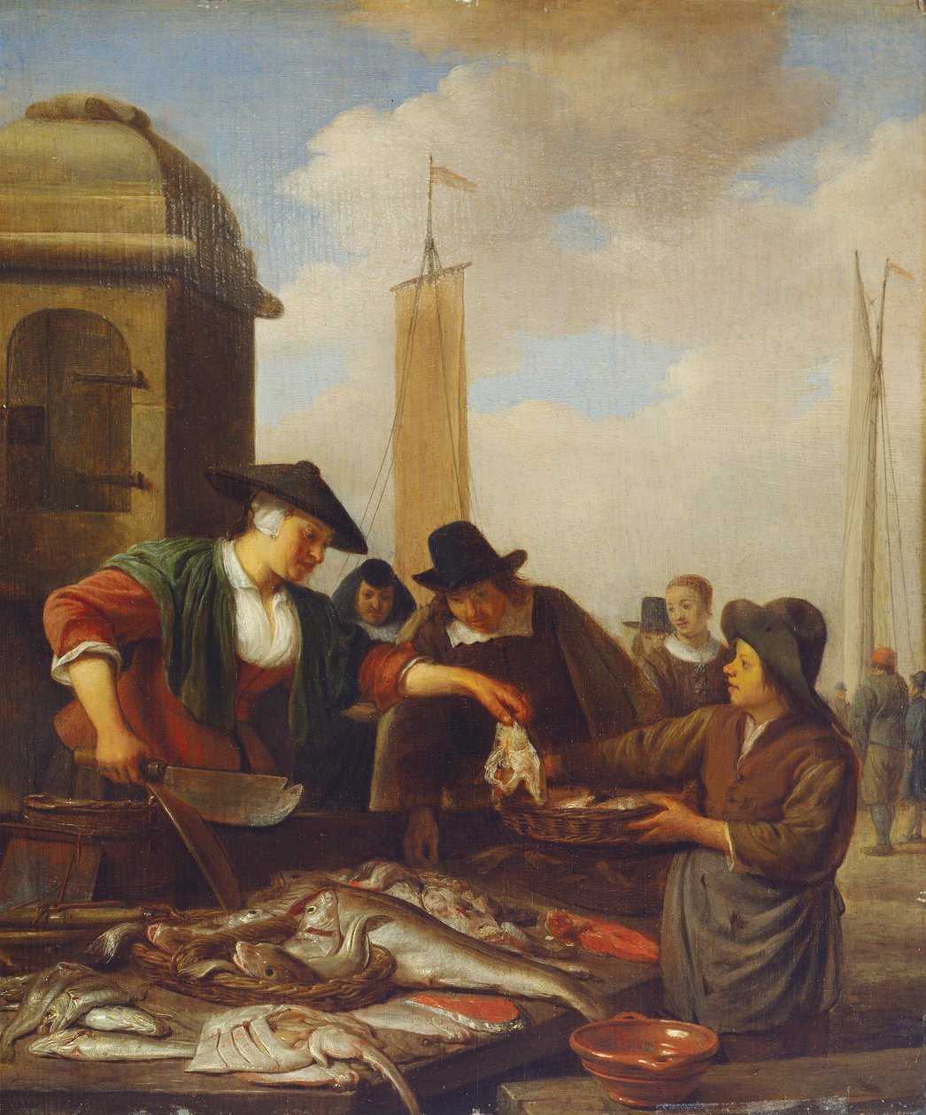 Stoisko rybne w porcie (olej na desce) autorstwa Hendrik Martensz Sorgh