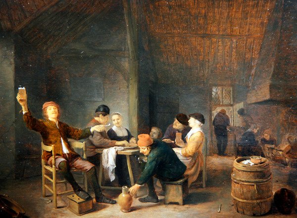 Chłopska zabawa w tawernie (olej na panelu) autorstwa Hendrik Martensz Sorgh