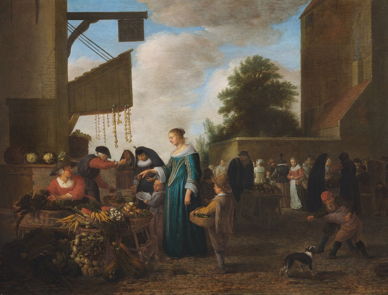 Targ warzywny, ok. 1660 (olej na drewnie dębowym) autorstwa Hendrik Martensz Sorgh