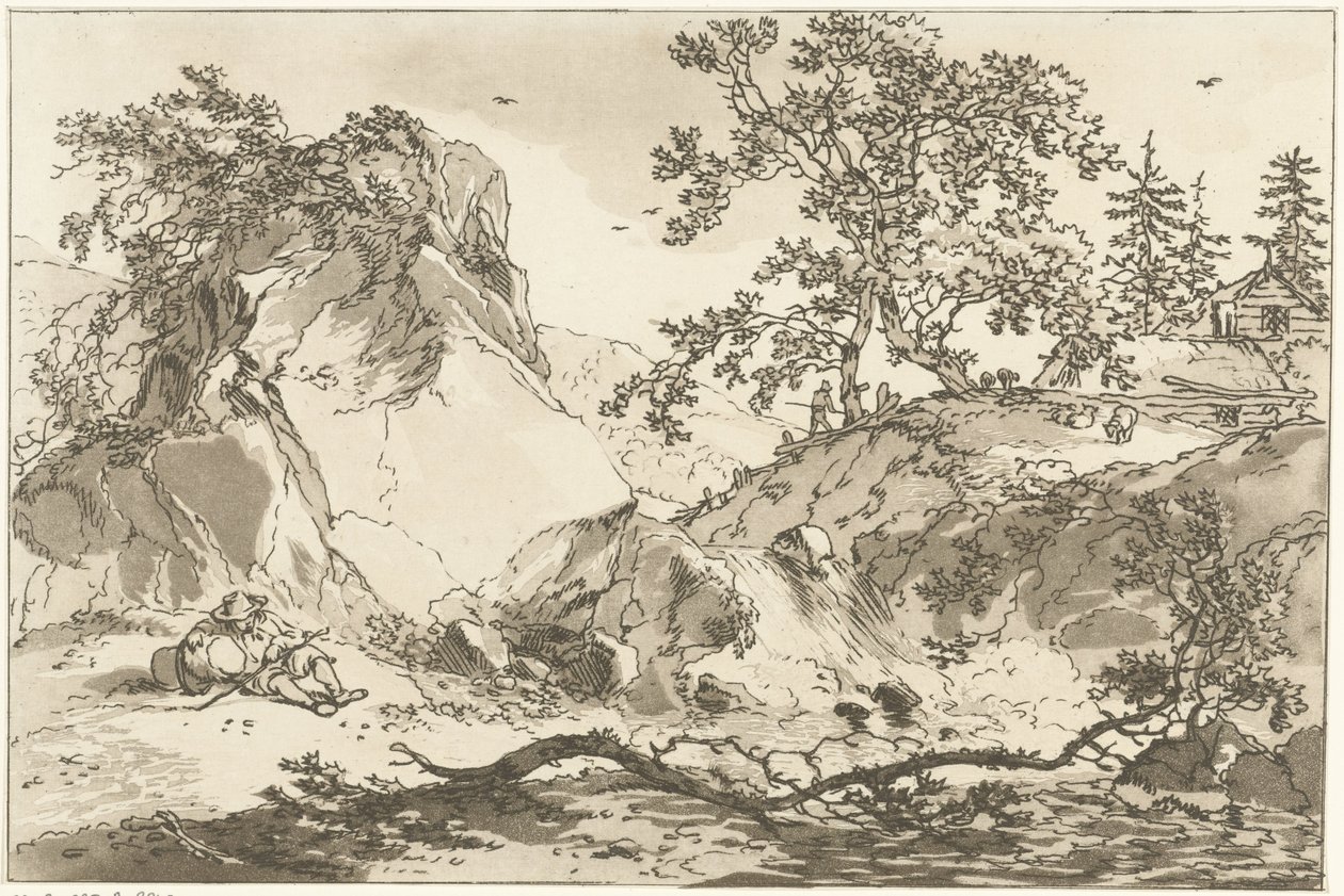 Heuvelachtig landschap met een rustende man Dwanaście projektów obliczonych na użytek tych, którzy uczą się rysować krajobraz (tytuł serii) autorstwa Hendrik Meijer