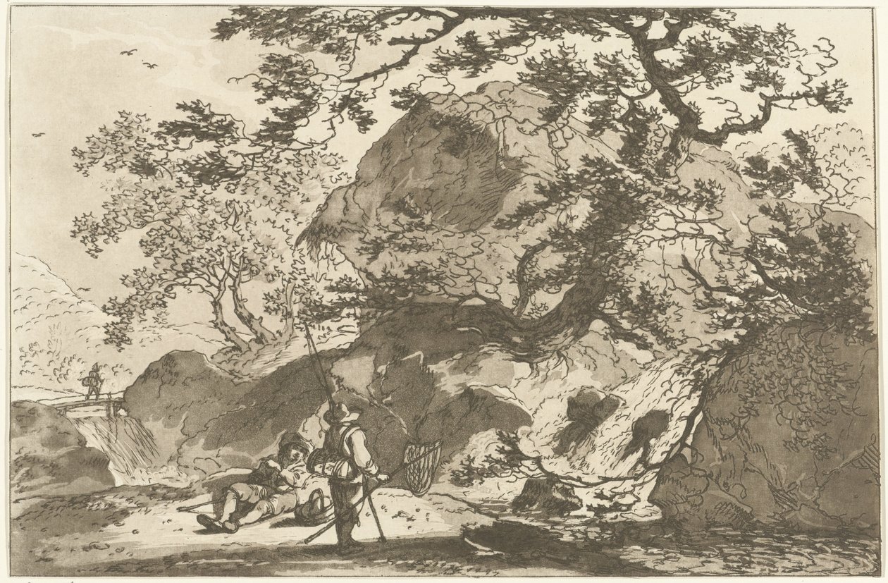 Landschap met een visser en een rustende man Dwanaście projektów obliczonych na użytek tych, którzy uczą się rysować krajobraz (tytuł serii) autorstwa Hendrik Meijer