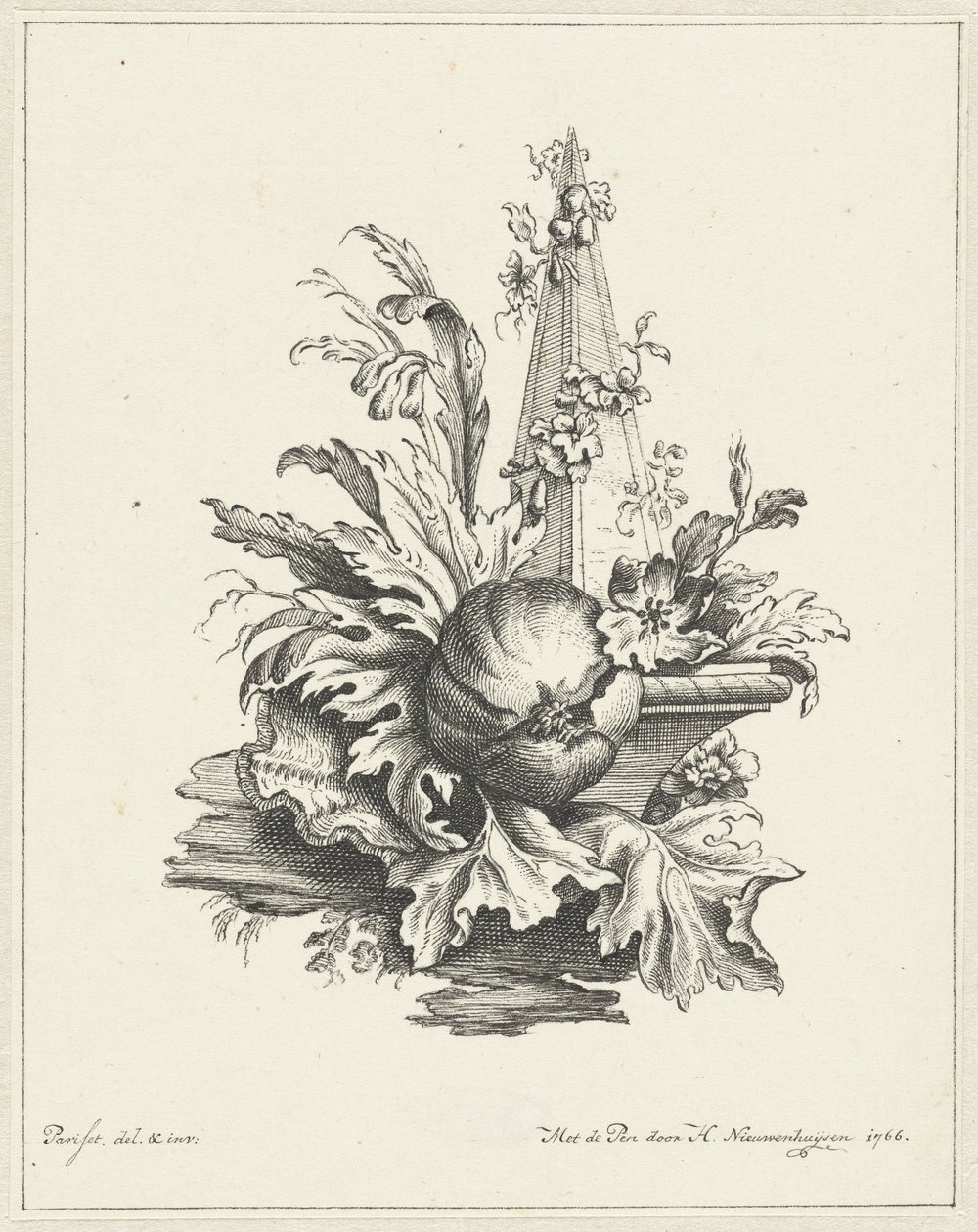 Ornament z granatem z liśćmi i obeliskiem autorstwa Hendrik Nieuwenhuysen