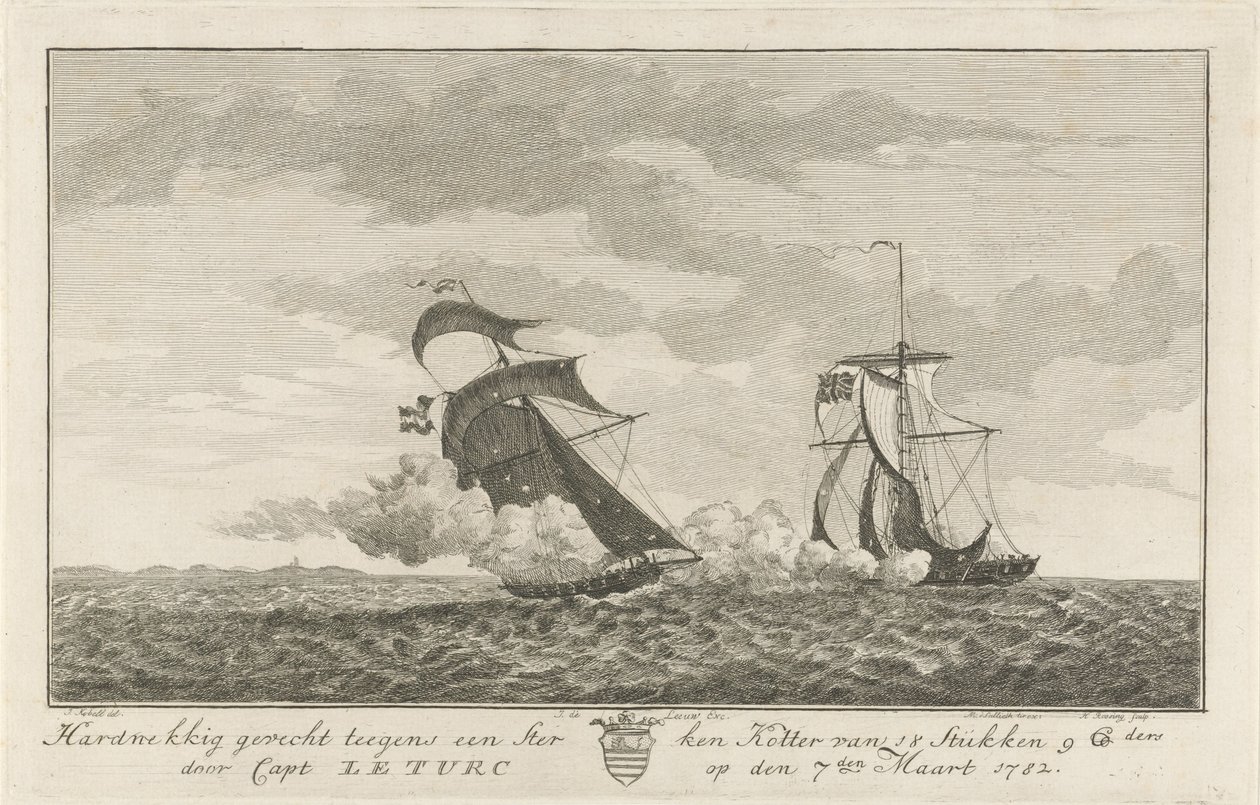 Bitwa z silnym kutrem, 1782 Zacięta walka z silnym Kotterem z 18 kawałków (...) przez kpt: Le Turc 7 marca 1782 (tytuł na obiekcie) autorstwa Hendrik Roosing