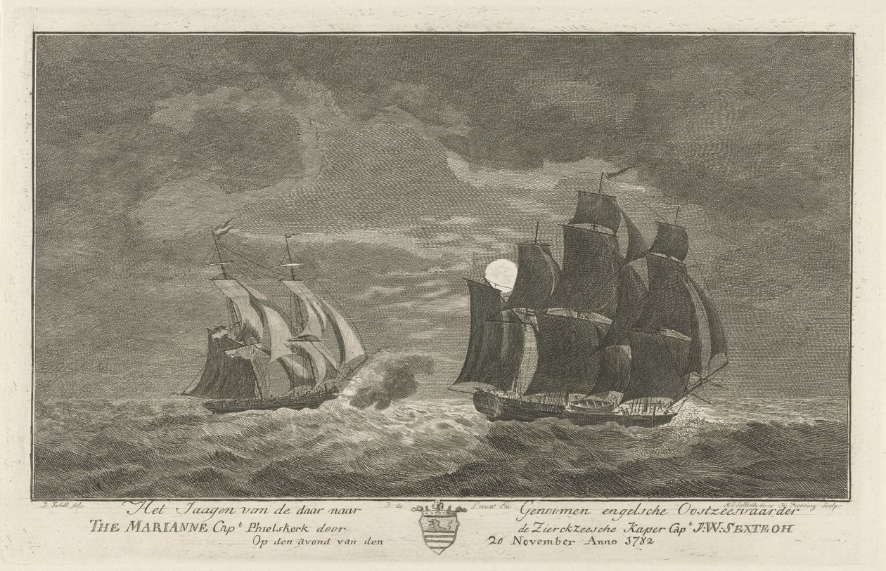 Polowanie na Sextroh na Mariannie, 1782 Polowanie na angielskiego żeglarza bałtyckiego Tam po genomy Marianne kpt. Philskerk przez Zierikzeesche Kaper kpt. J:W:Sextroh wieczorem 20 listopada Anno 1782 (tytuł na obiekcie) autorstwa Hendrik Roosing