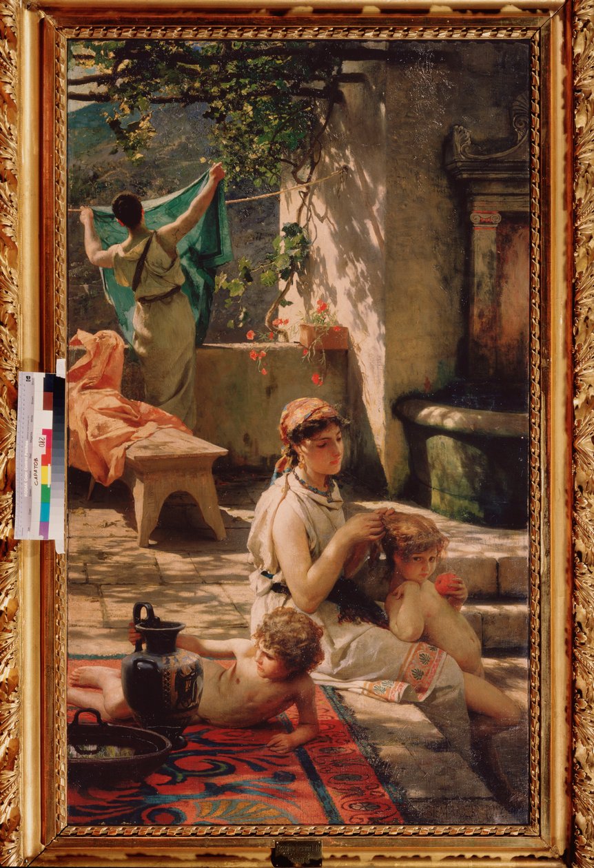 Przy studni. (Kobieta czesuje swoje dziecko, inna rozwiesza pranie). Obraz Henryka Siemiradzkiego (1843-1902), olej na płótnie autorstwa Henryk Siemiradzki