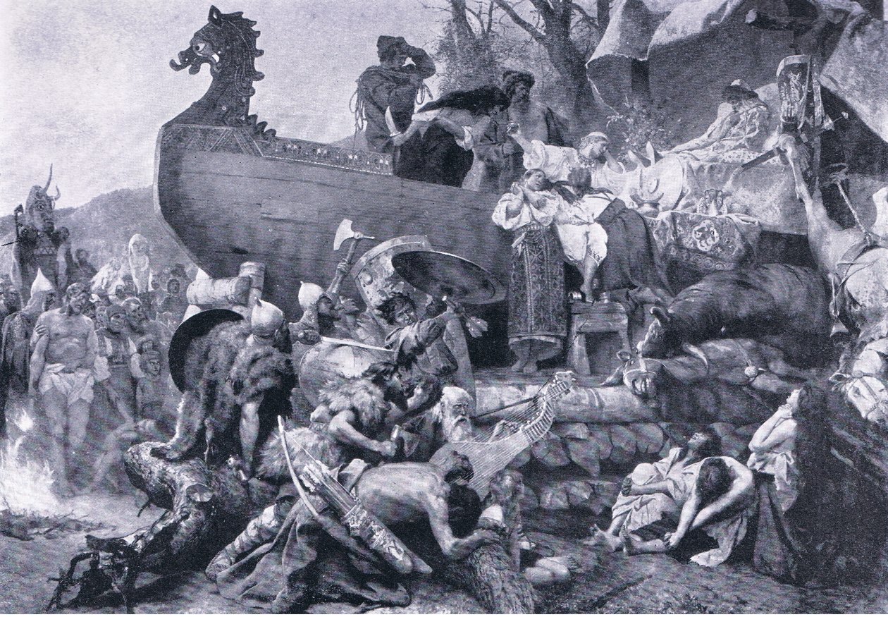 Kremacja wodza we wschodniej Rosji-X w., ilustracja z „Zabytki w historii Europy” wydanej przez Gresham Publishing Co, c.1920 (lito) autorstwa Henryk Siemiradzki