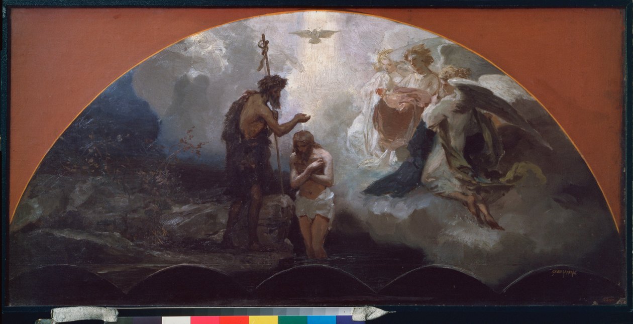 Chrzest Chrystusa. (św. Jan Chrzciciel, pod okiem aniołów niebieskich i gołębicy Duch Święty (Duch Święty). Praca Henryka Siemiradzkiego (1843-1902), olej na tekturze autorstwa Henryk Siemiradzki