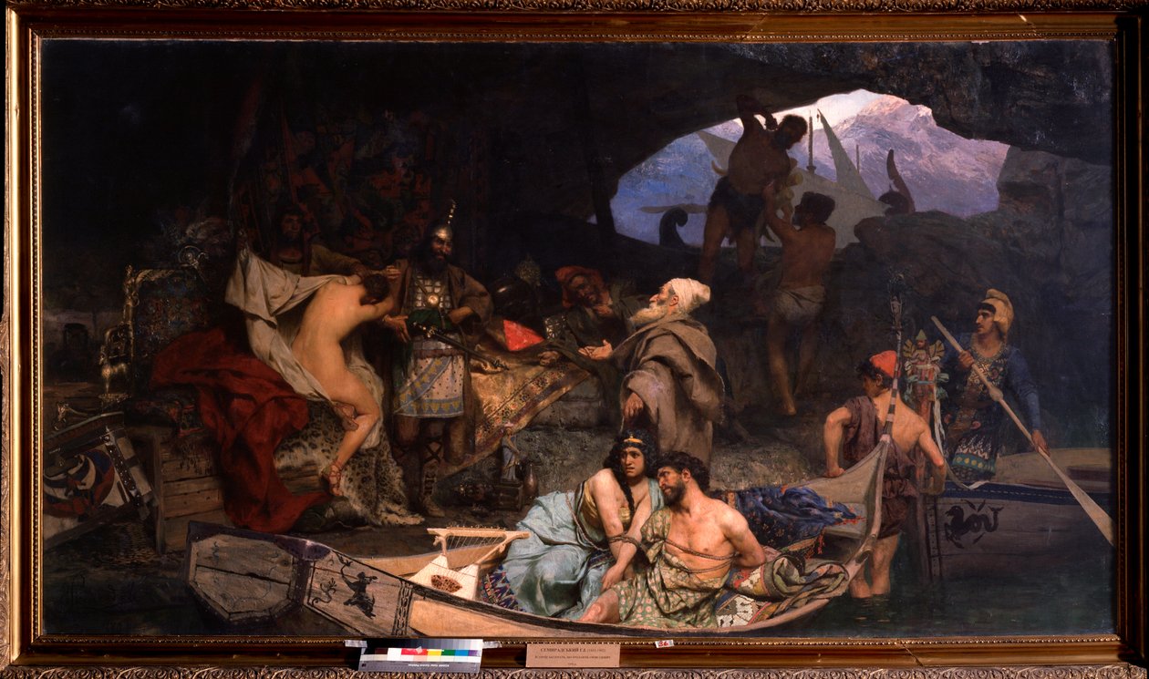 Korsarze. (Scena, w której przynoszą łupy i więźniów (zakładników) w jaskini). Obraz Henryka Siemiradzkiego (1843-1902), olej na płótnie autorstwa Henryk Siemiradzki