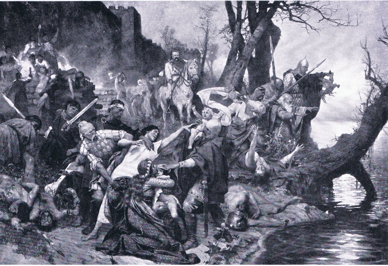Wojownicy Światosławia podczas masakry pod murami Dextera (Durostorum), ilustracja z książki Zabytki w historii Europy wydanej przez wydawnictwo Gresham Publishing Co, ok. 1920 r. (lito) autorstwa Henryk Siemiradzki