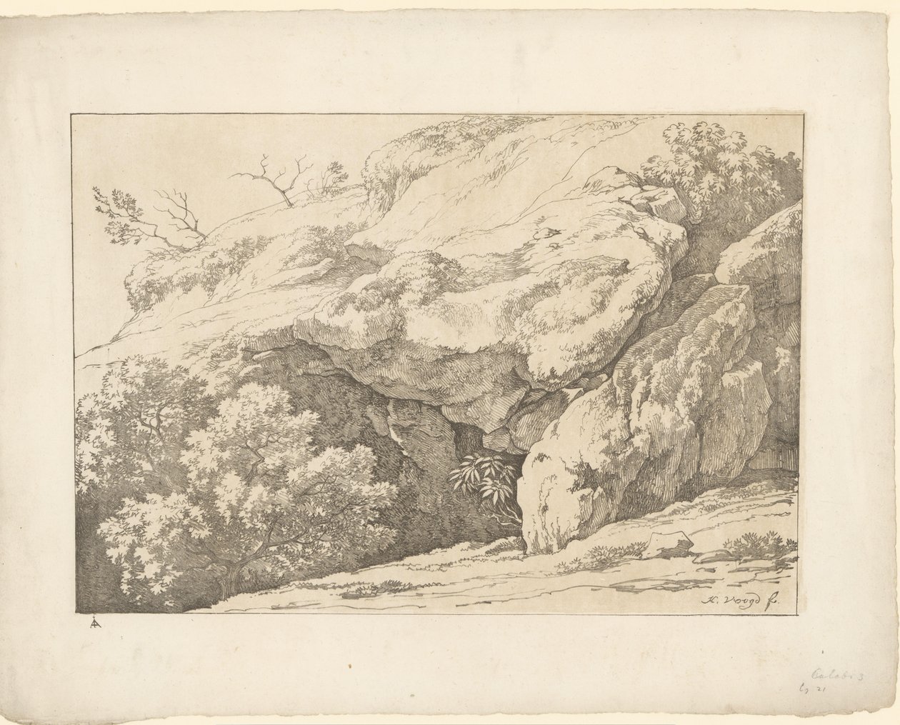 Skały z krzakami Tentamina Lithographica (tytuł serii) Włoskie pejzaże (tytuł serii) autorstwa Hendrik Voogd
