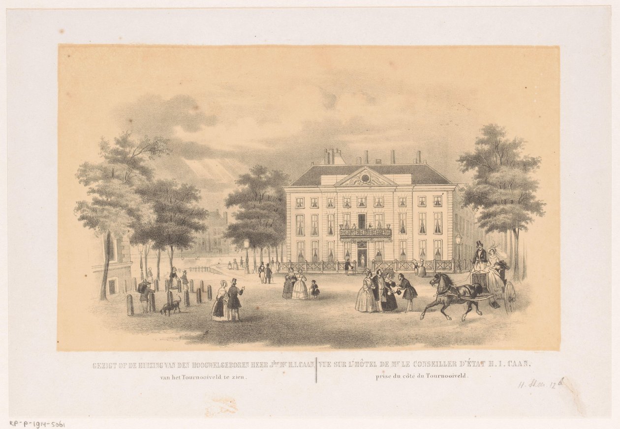 Widok z Tournooiveld w Herenlogement van Dordrecht w Hadze około 1850 r Widok domu bardzo dobrze urodzonego pana jhr. pana H. I. Caana, widoczny z Tournooiveld (tytuł na obiekcie) autorstwa Hendrik Wilhelmus Last (attributed to)