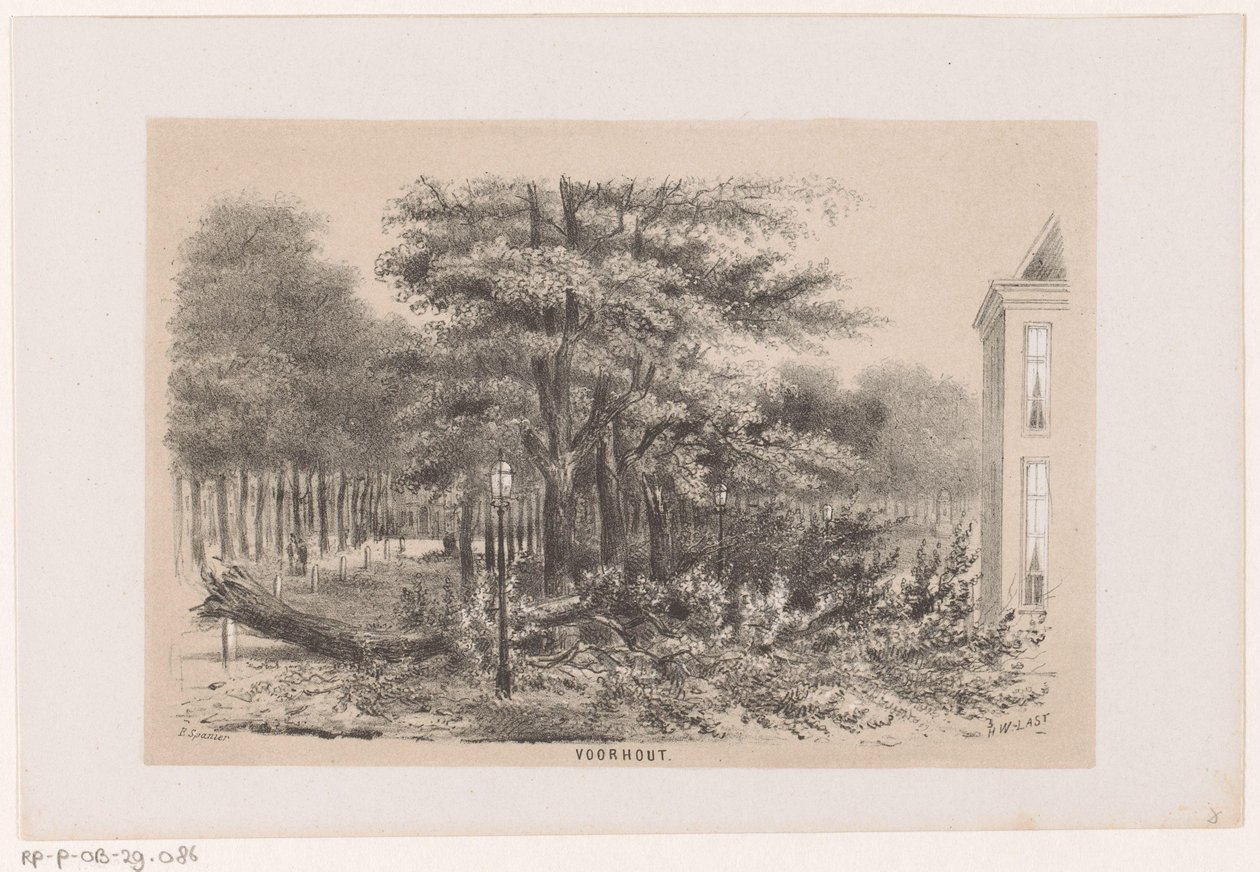 Zwalone drzewo w pobliżu Voorhout, po burzy z 28 maja 1860 r Voorhout (tytuł na obiekcie) Album dziesięciu litografowanych szkiców, przedstawiających Tooneelena Zniszczenia, Poruszony burzą 28 maja 1860 r. w Gravenhaagsche Bosch, w Schev autorstwa Hendrik Wilhelmus Last