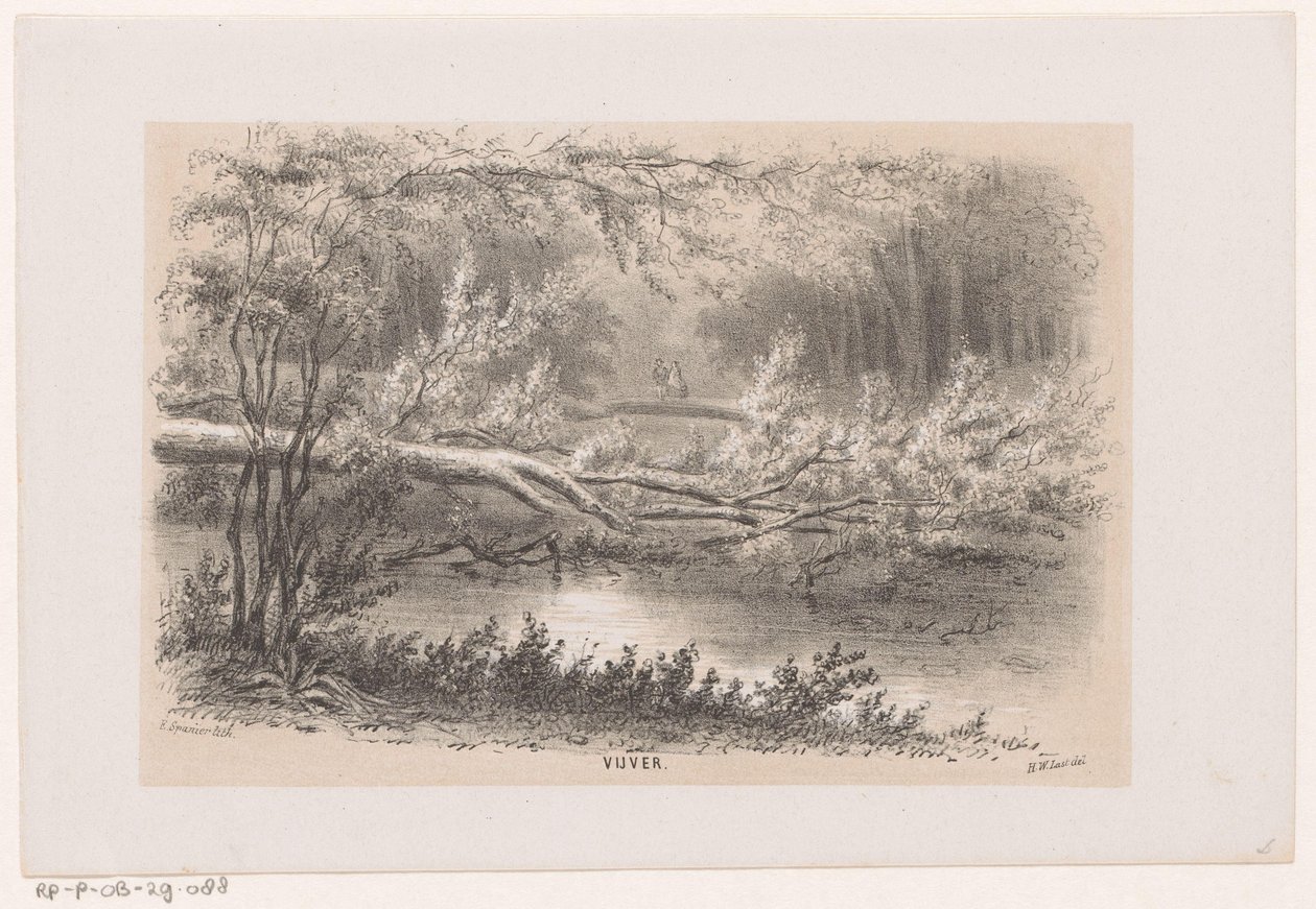 Drzewo zdmuchnięte, po burzy 28 maja 1860 Staw (tytuł na obiekcie) Album dziesięciu litografowanych szkiców, przedstawiających Tooneelena Zniszczenia, Poruszony burzą z 28 maja 1860 r. w Gravenhaagsche Bosch, w Scheveningen itp. ( autorstwa Hendrik Wilhelmus Last