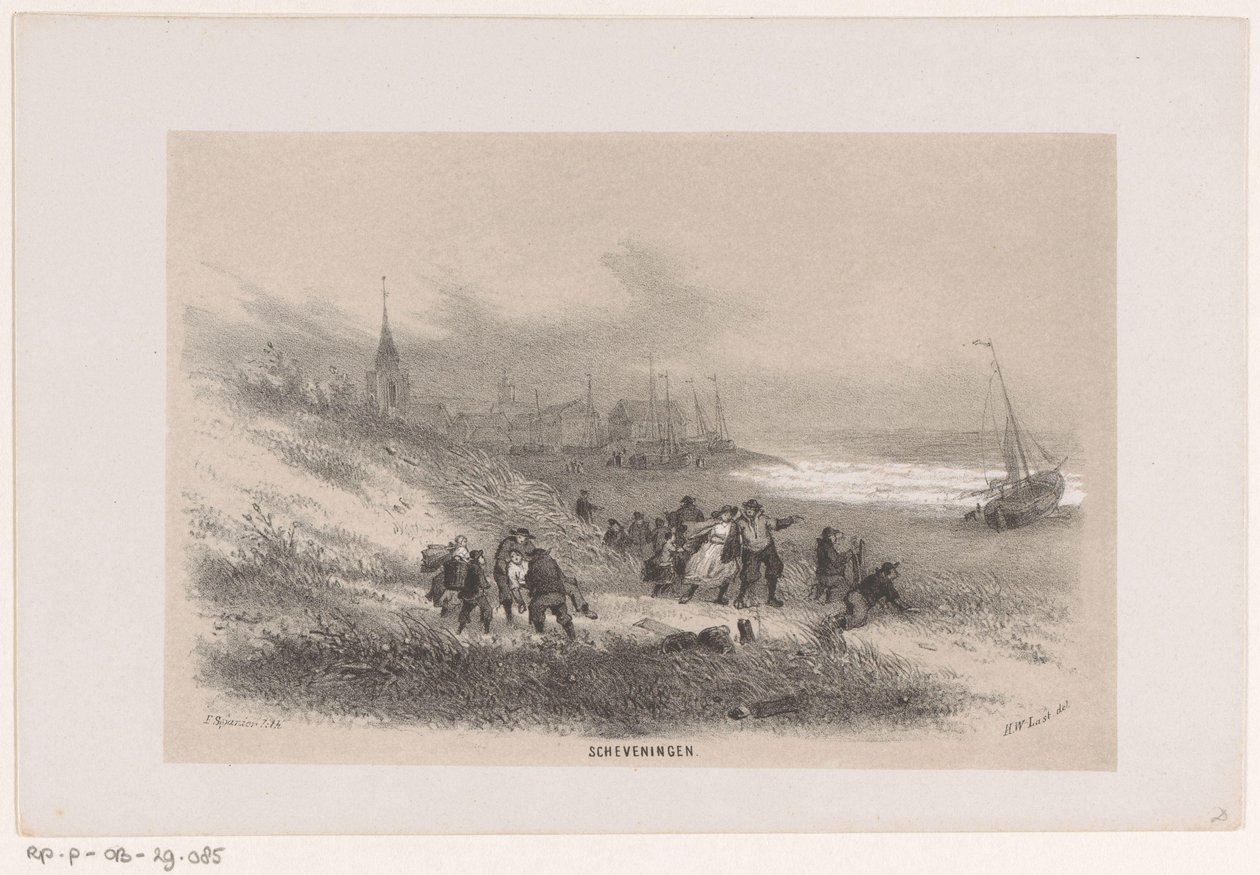 Scheveningen podczas burzy 28 maja 1860 Scheveningen (tytuł na obiekcie) Album dziesięciu litografowanych szkiców, przedstawiających Tooneelena zniszczenia, Poruszony burzą 28 maja 1860 r. w Gravenhaagsche Bosch, w Scheveningen, autorstwa Hendrik Wilhelmus Last