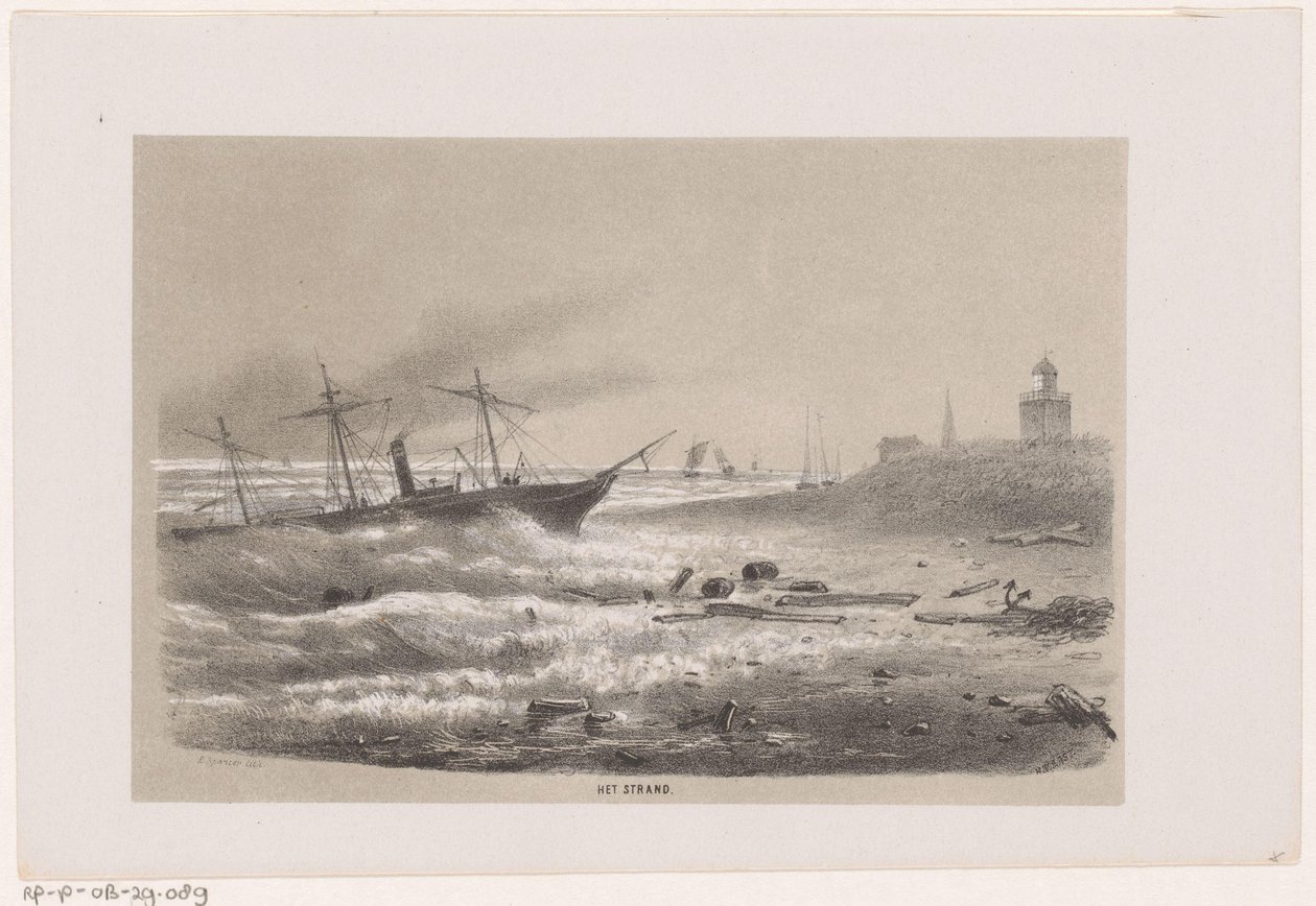 Statek w tarapatach na plaży podczas burzy 28 maja 1860 r. Plaża (tytuł na obiekcie) Album dziesięciu litografowanych szkiców, przedstawiających Tooneelena Zniszczenia, Poruszonego przez burzę z 28 maja 1860 w 