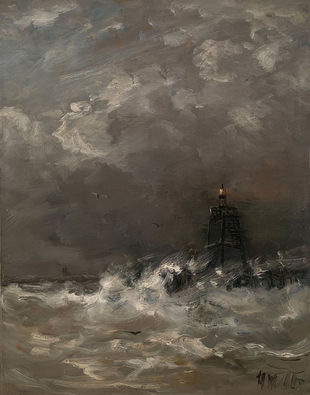 Latarnia morska w załamujących się falach. około 1900-07 autorstwa Hendrik Willem Mesdag