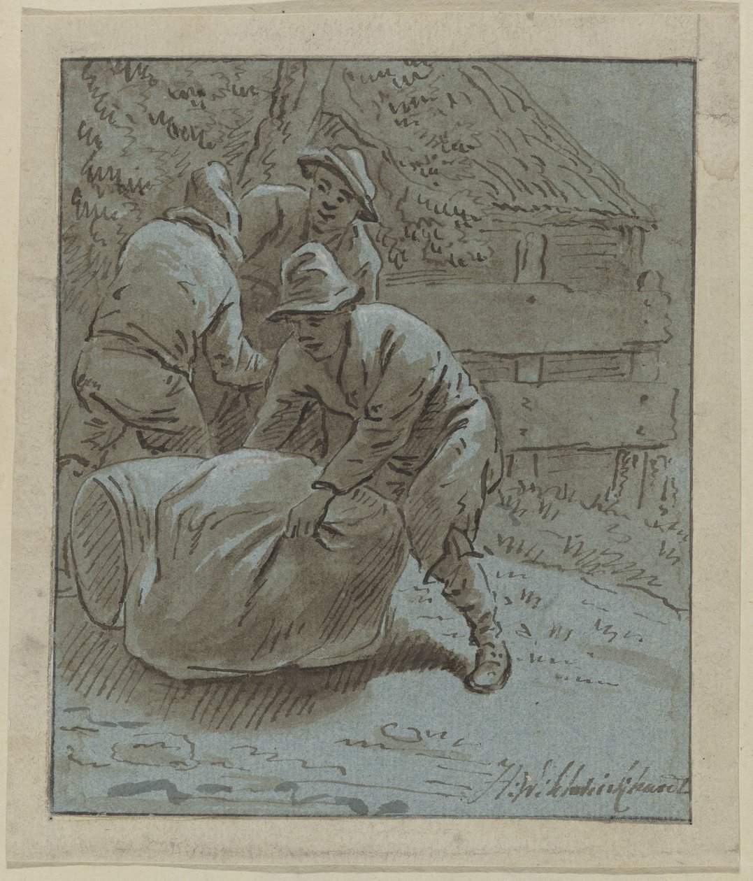 Trzech mężczyzn w krajobrazie z leżącą beczką i torbą autorstwa Hendrik Willem Schweickhardt (signed by artist)