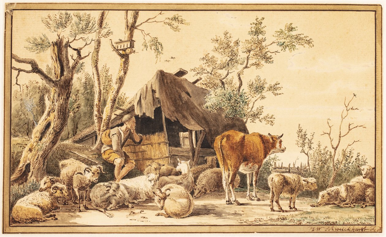 Pasterz ze swoją trzodą przy szopie! autorstwa Hendrik Willem Schweickhardt