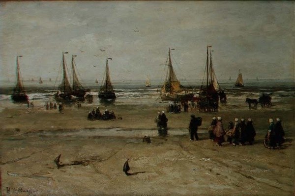 Przybrzeżny krajobraz ze statkami rybackimi i rybakami autorstwa Hendrik William Mesdag