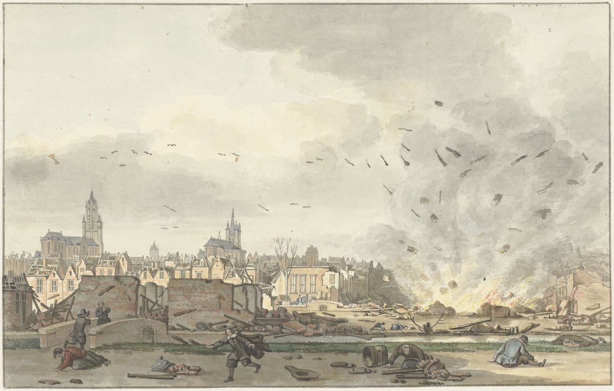 Eksplozja Kruithuis w Delft, 12 października 1654 autorstwa Hendrik de Winter (signed by artist)