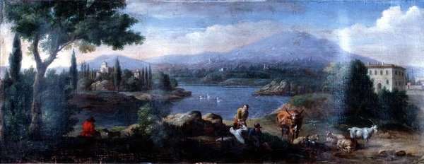 Włoski krajobraz, z odpoczywającymi pasterzami autorstwa Hendrik van (studio of) Lint