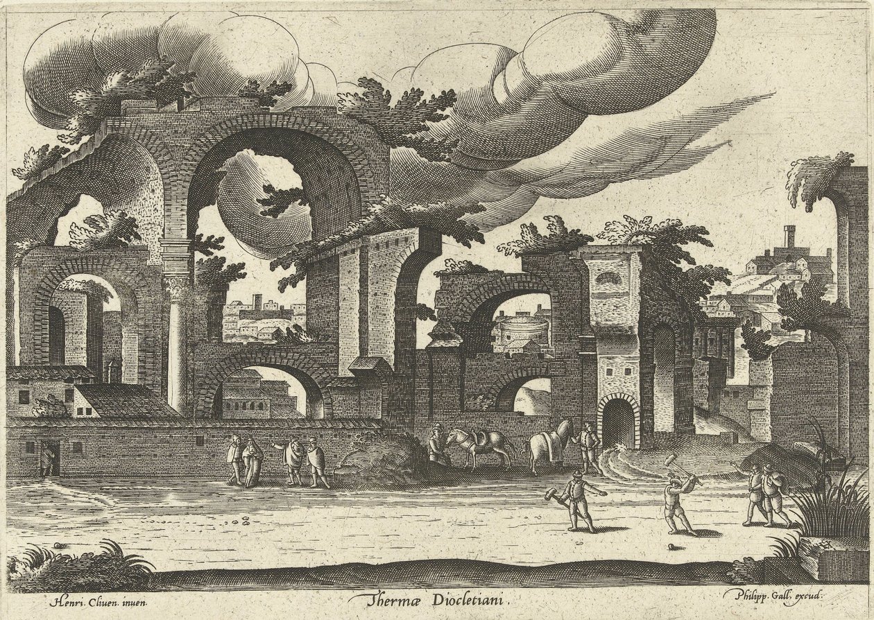 Ruiny Łaźni Dioklecjana z boku z dwoma mężczyznami grającymi w krokieta na pierwszym planie, 1585. autorstwa Hendrik van Cleve III