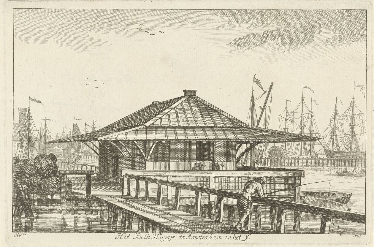 Bothuisje w Amsterdamie w IJ (tytuł na obiekcie) autorstwa Hendrik van Hilten