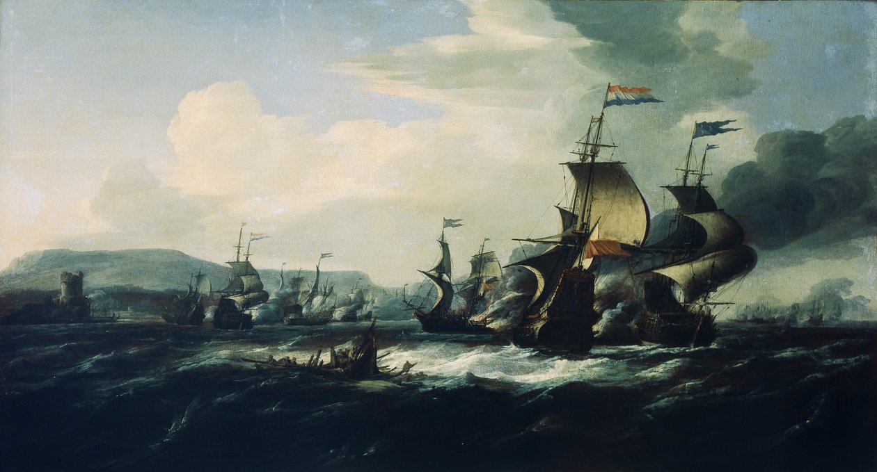 Bitwa między holenderskimi i barbarzyńskimi piratami w pobliżu wybrzeża, koniec XVII wieku (obraz olejny) autorstwa Hendrik van Minderhout