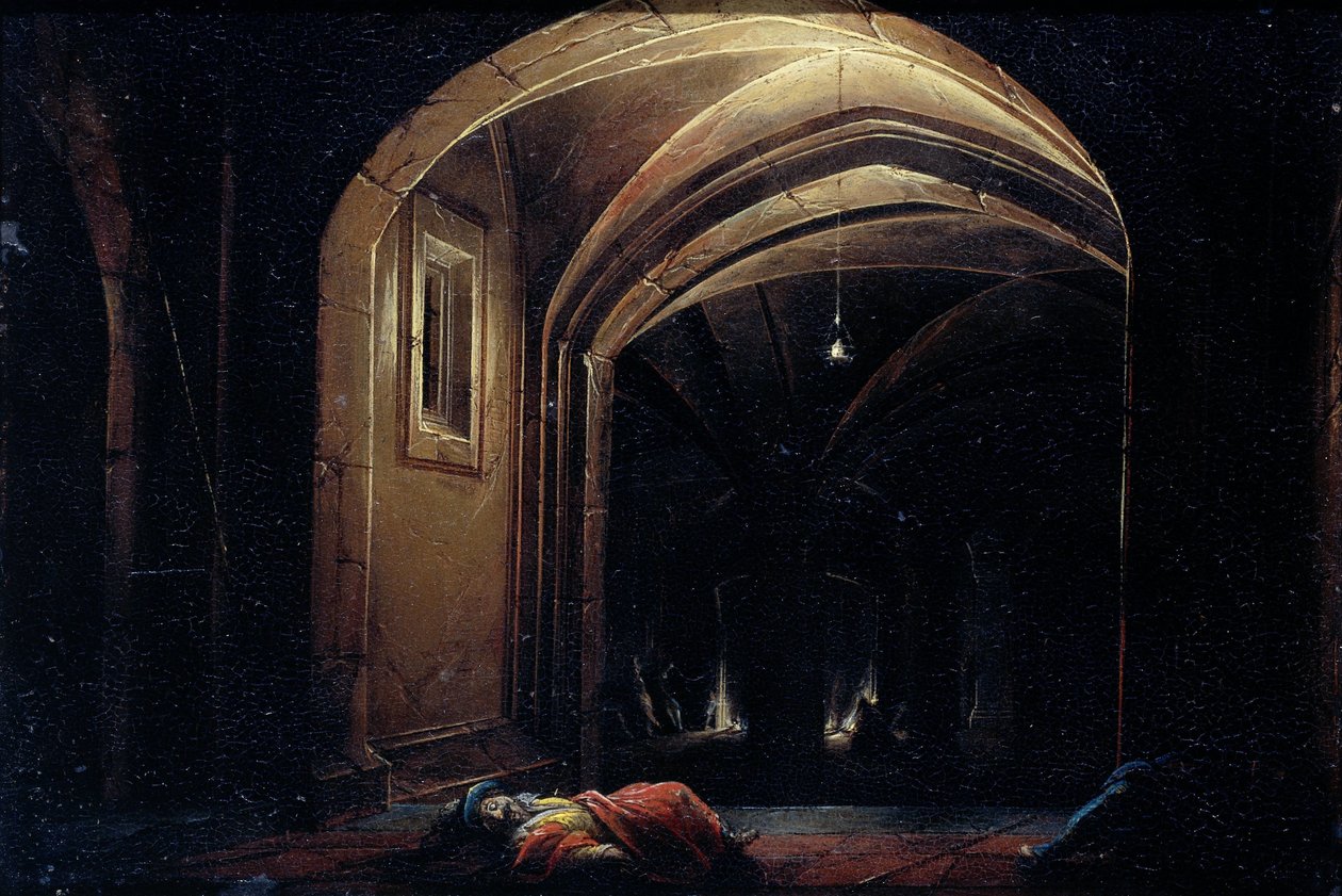 Mężczyźni śpiący w pokoju z podświetlonymi łukami autorstwa Hendrik van Steenwijck (I) (possibly)