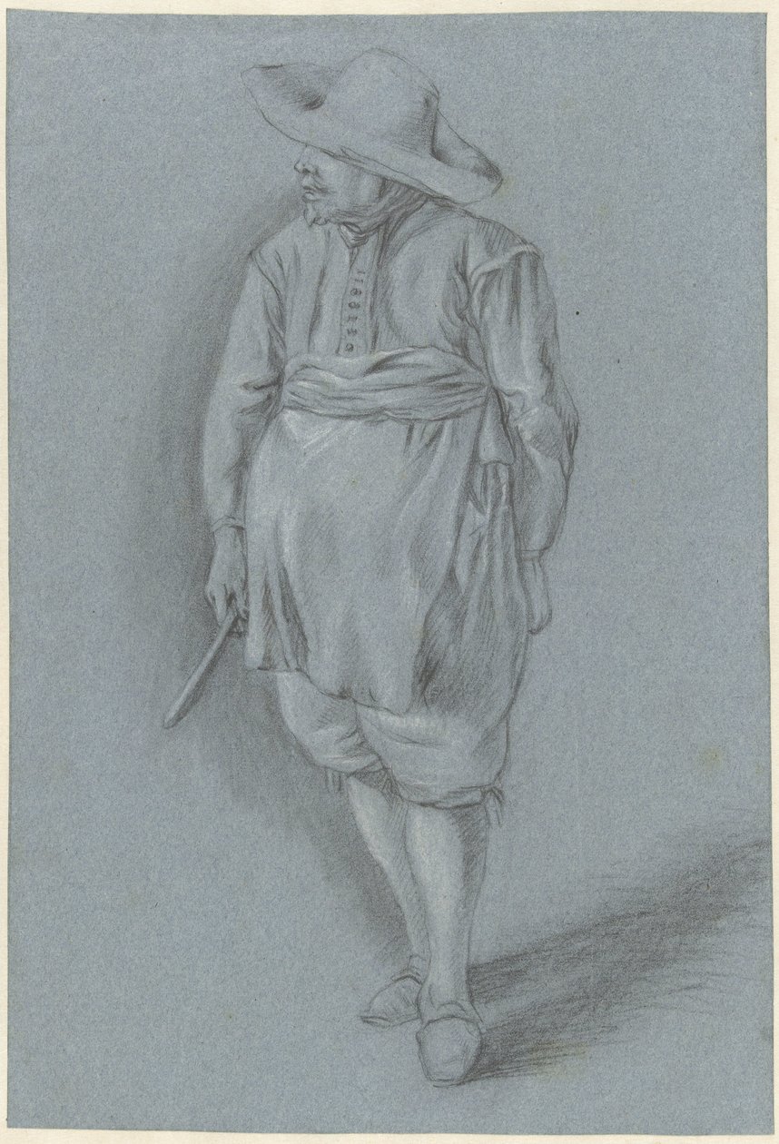 Mężczyzna w XVII-wiecznej sukni z kapeluszem, fartuchem i nożem autorstwa Hendrik van Velthoven (attributed to)