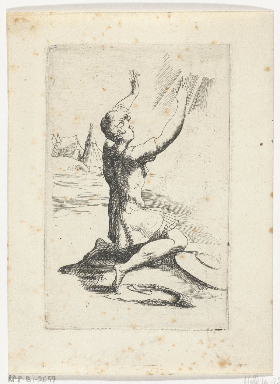 Knielende David Broszura z różnymi figurkami zaprojektowana przez Frana. parmensis et zachowany w zbiorach Arondelyna, 1638 (tytuł serii) autorstwa Hendrik van der Borcht (II)