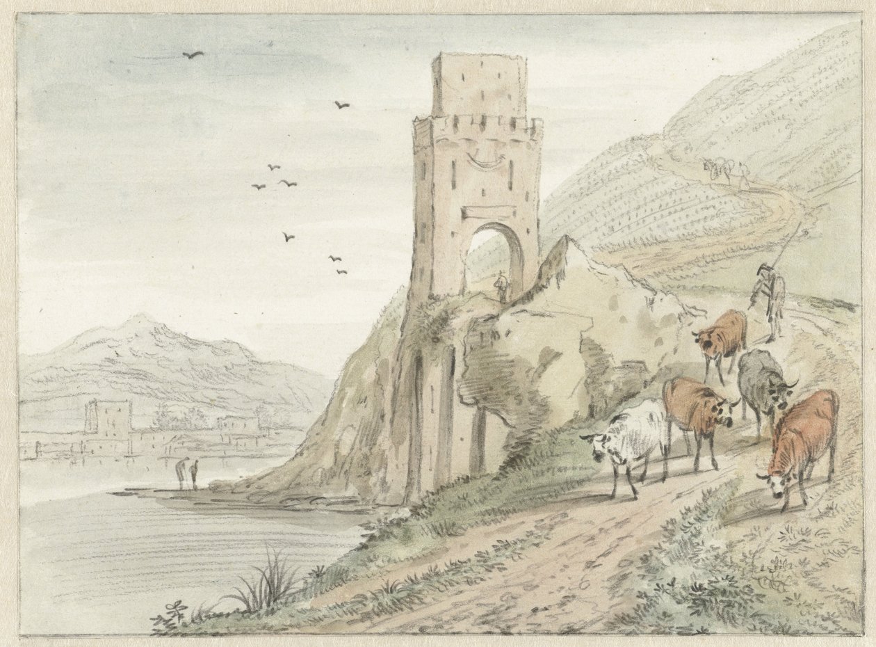 Italianate Krajobraz rzeczny z górami i wieżą bramną autorstwa Hendrik van der Straaten