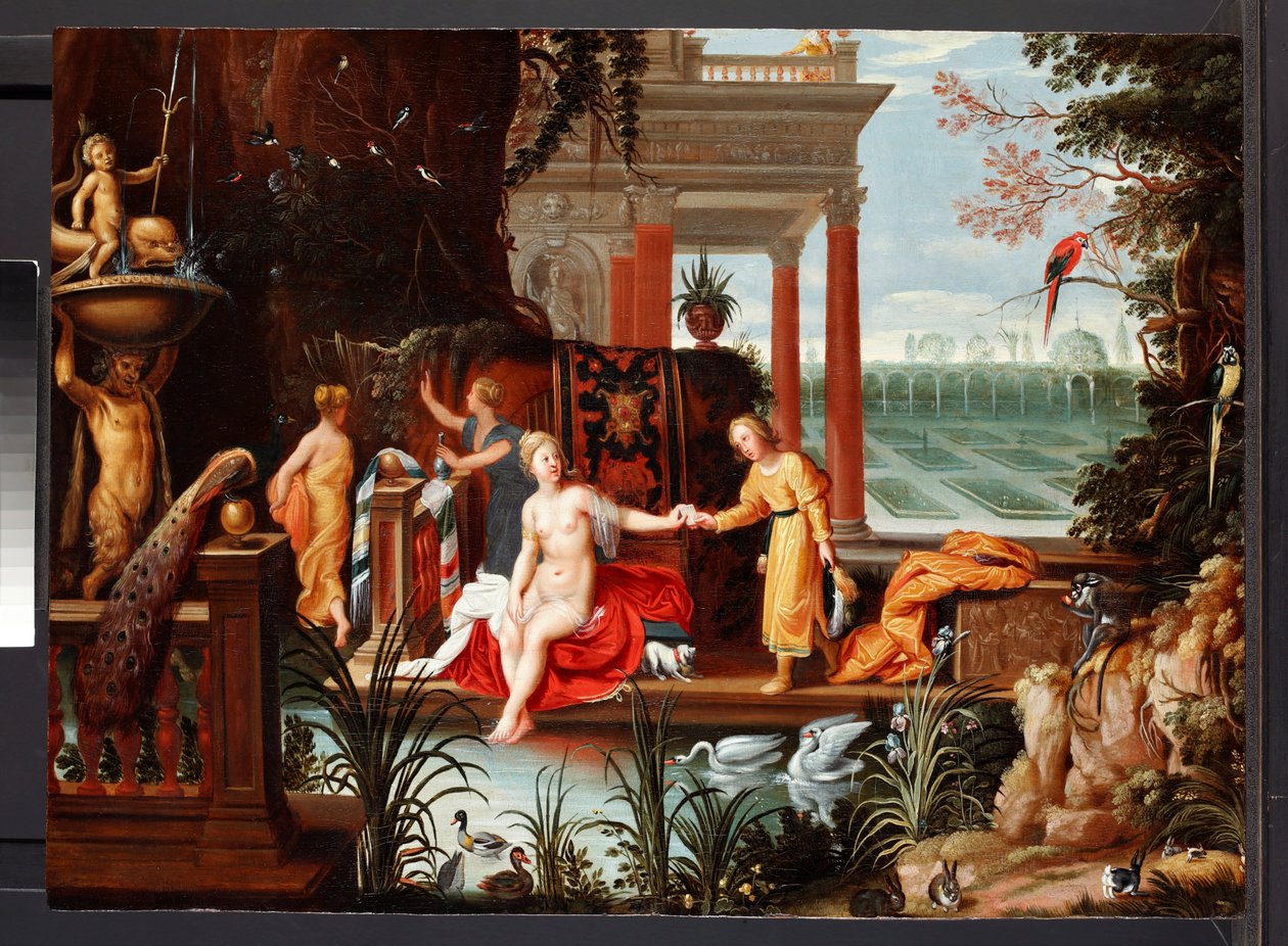 Batszeba przy basenie ze swoimi opiekunami, ok. 1600-42 (olej na desce) autorstwa Hendrik van the Elder (circle of) Balen