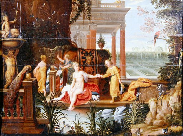 Batszeba na basenie z opiekunami (olej na panelu) autorstwa Hendrik van the Elder Balen
